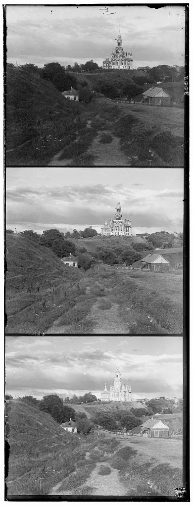 Scanned glass plate with the blue, green and red exposures stacked vertically